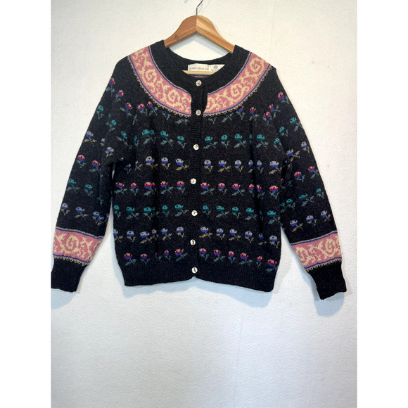 Vtg Robert Scott Ltd 100% Wool Cardigan Sweater Floral Women Sz 36 MED Button Up - Picture 2 of 13